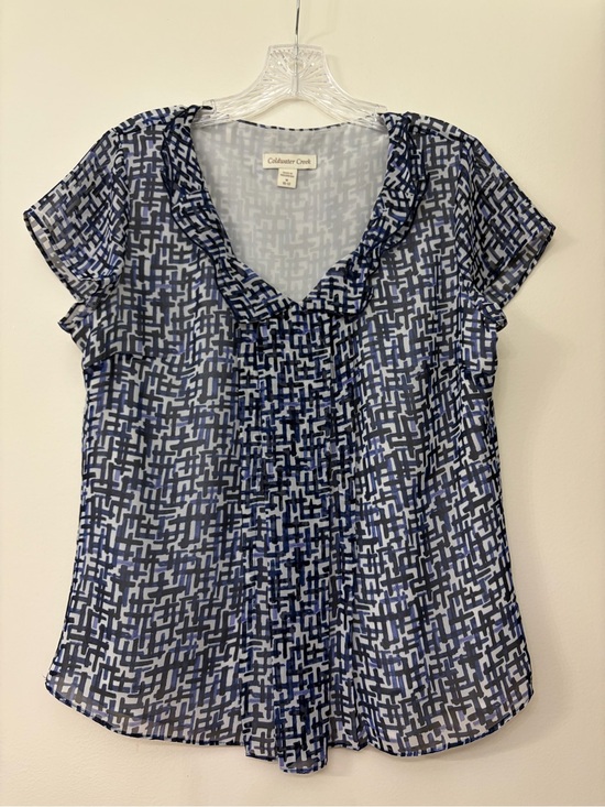 Coldwater Creek Tops - Coldwater Creek Navy and White Geometric Ruffle V-Neck Blouse Size M (10-12)